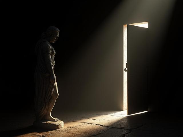 Escena 3D con un dramático juego de luces y sombras, resaltando el contraste y la atmósfera cinemática.